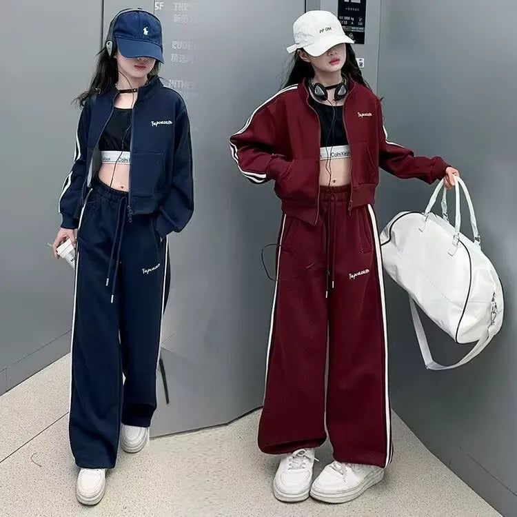 2026 autumn girls Clothes Children Suit Teenager zipped jacket Narrow crop top + wide leg high waist pants 4 5 8 10 11 12 year