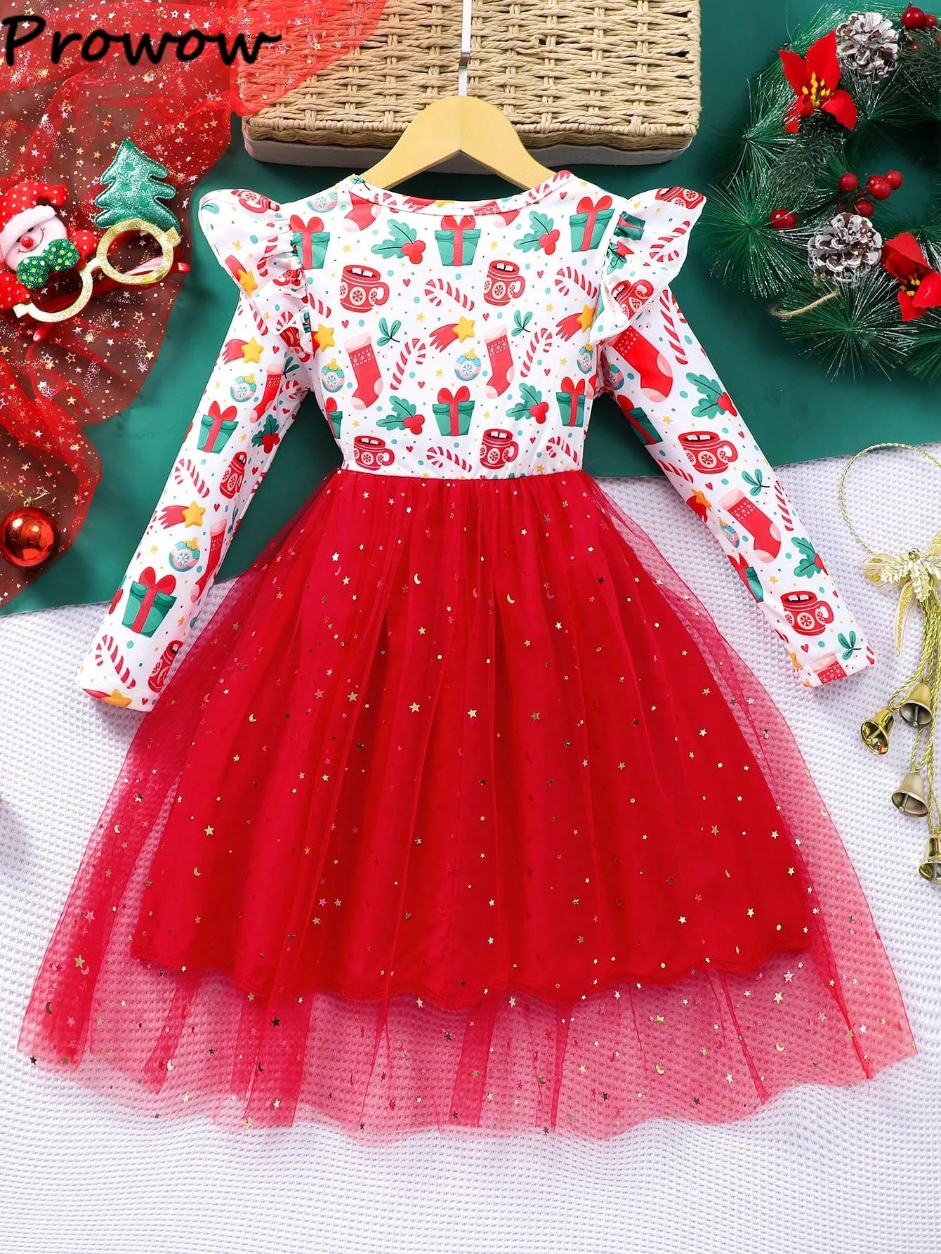 4-7Y Kids Christmas Dresses For Girls Bow Green Xmas Tree Hoodies Dress For New Year Kids Girl Evening Dress Festival Clothing