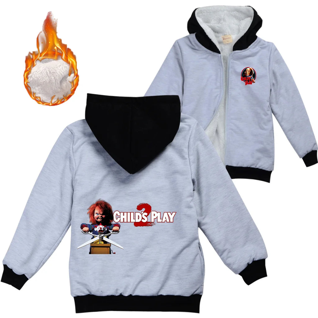 Child's Play Chucky Warm Winter Jacket For Boys Girls with Zipper Children Coat Thicken Hooded Sweater Kids Outerwear