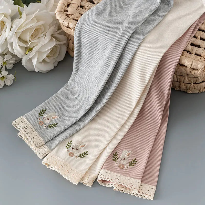 Kids Girls Spring Fall Bottom Legging Solid Elastic Waist Soft Rabbit Embroidery Pattern Pants 2-6Y Children Bottom Trouser