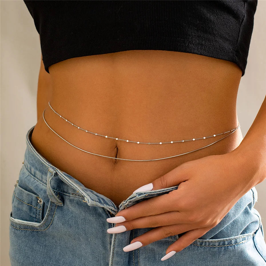 2Pcs/Set Simple Boho Smooth Snake Chain Waist Belt Sexy Lingerie Women Rhinestone Belly Body Jewelry Bikini Summer Accessories