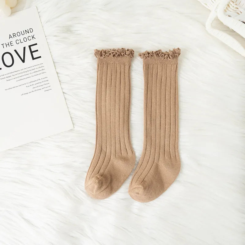 Ruffle Kids Knee High Socks Baby Girls Toddlers Long Soft Cotton Sock Lace Flower Children Princess Uniform Socks For 0-8Years