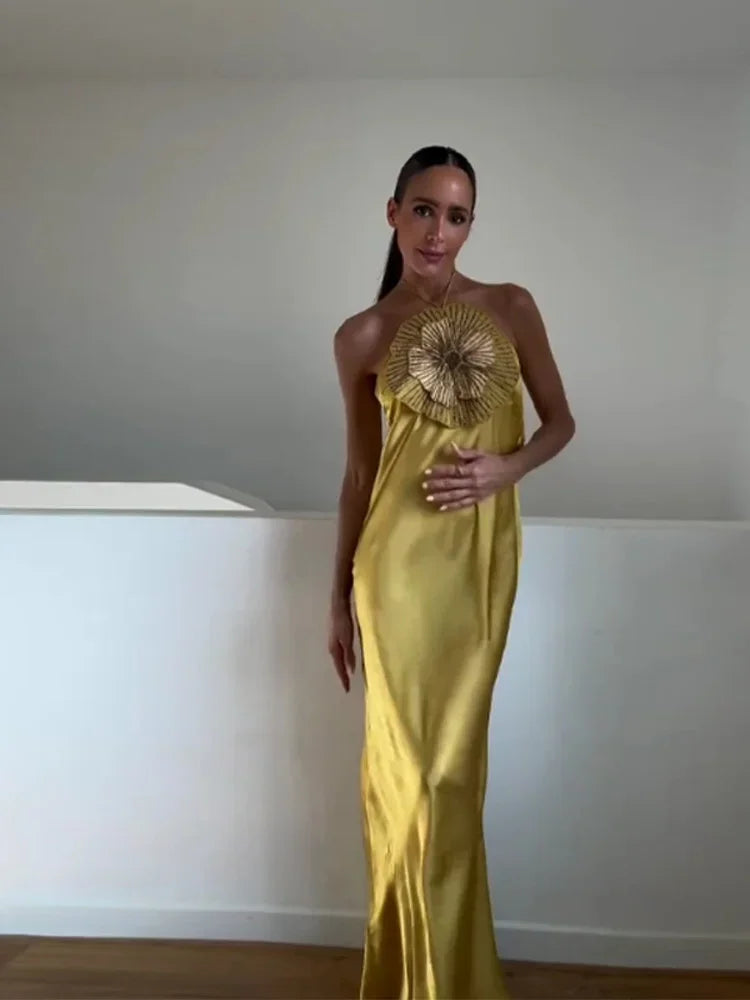 Elegant 3d Floral Dress Women Holiday Party Sexy Slim Fit Halter Neck Sleeveless Backless Evening Dresses 2025 Summer Lady Robes
