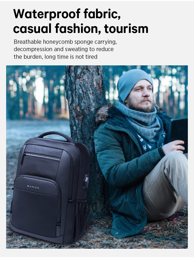 BANGE Lightweight 15.6 inch Laptop Backpack Waterproof USB Charge Port Multifunctional Travel Hiking School Bag Mochila for Men