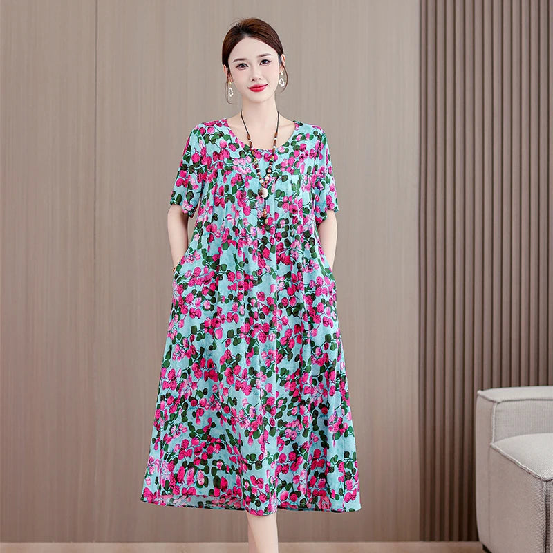 New Casual Fashion 2025 Summer Dress For Women Floral Printing Short Sleeve Elegant Vintage O-Neck Dresses Women Clothing