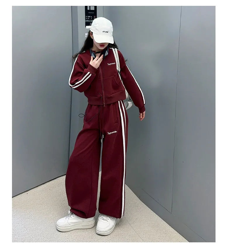 2026 autumn girls Clothes Children Suit Teenager zipped jacket Narrow crop top + wide leg high waist pants 4 5 8 10 11 12 year