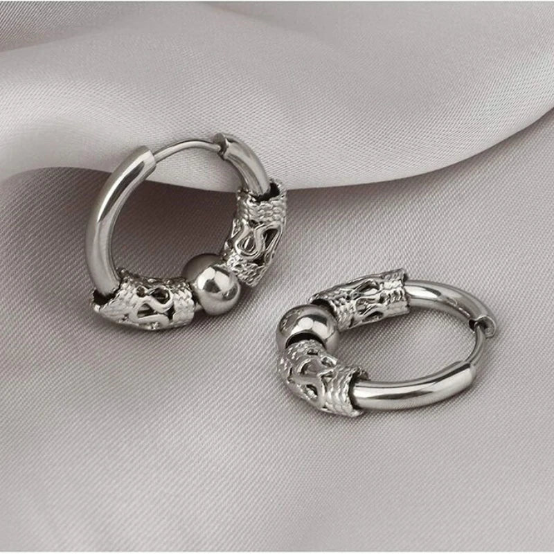 1pair Punk Stainless Steel Viking Earrings Round Circle Totem Hoop Earrings For Men Women Huggie Hip Hop 12mm 14mm 16mm