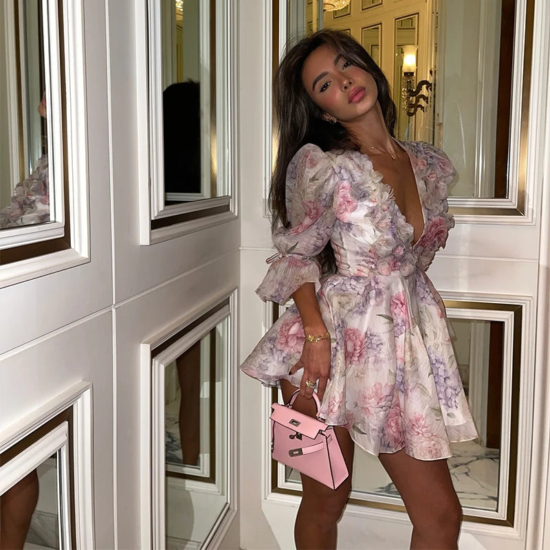 Sexy Flora Painted Ruffle Slim Dress Women Elegant Full Sleeves A-line Short Dresses 2026 Lady Summer Party Holiday Robes
