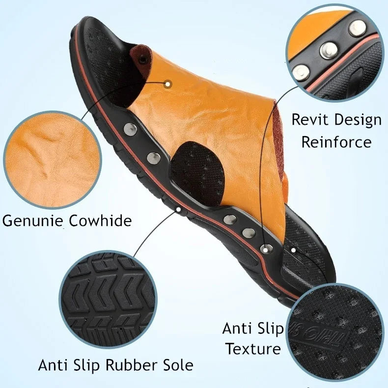 New Summer Slippers Men Sandals Soft Outdoor Slides High Quality Genuine Leather Comfortable Beach Sandals Outdoor Men Shoes