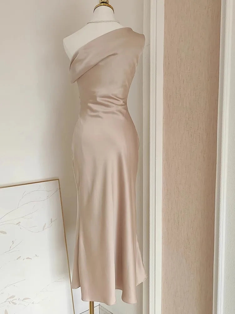 French Summer Autumn Fashion Acetate Satin Evening Dress Women Sexy Slash Neck Pencil Mermaid Long Prom Dresses Lady Gown