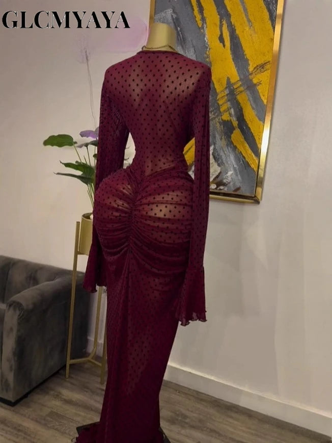 CM.YAYA Women Flare Long Sleeve Stacked Dot Mesh See Though with Lining Maxi Long Dress 2025 Evening Birthday Sexy Party Dresses
