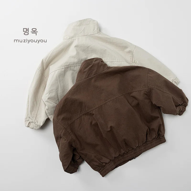 2026 Autumn New Children Casual Coat Girls Zipper Jacket Solid Baby Loose Outerwear Cotton Boys Work Coat Kids Clothes