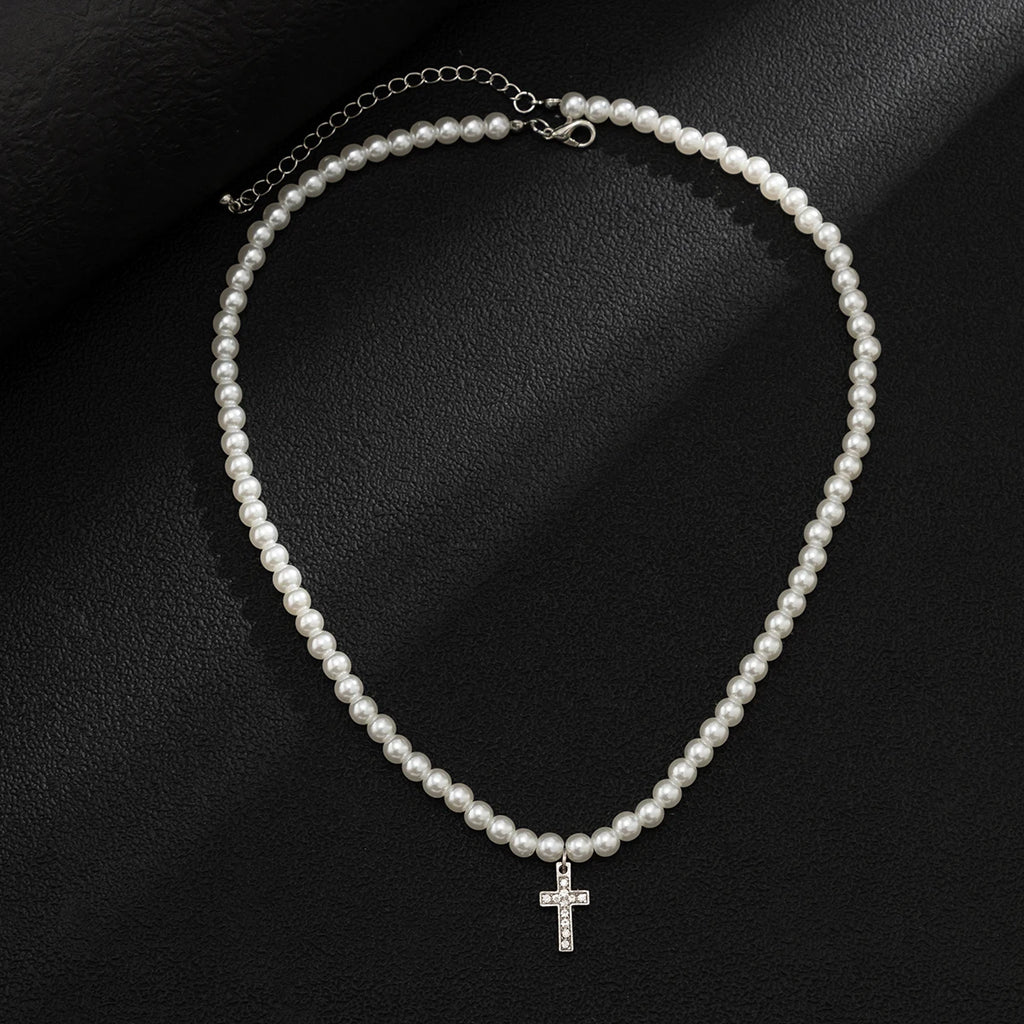 Pearl Beads Chain with Shiny Rhinestone Cross Pendants Necklace Men Trendy White Beaded Choker on Neck 2022 Fashion Jewelry Male