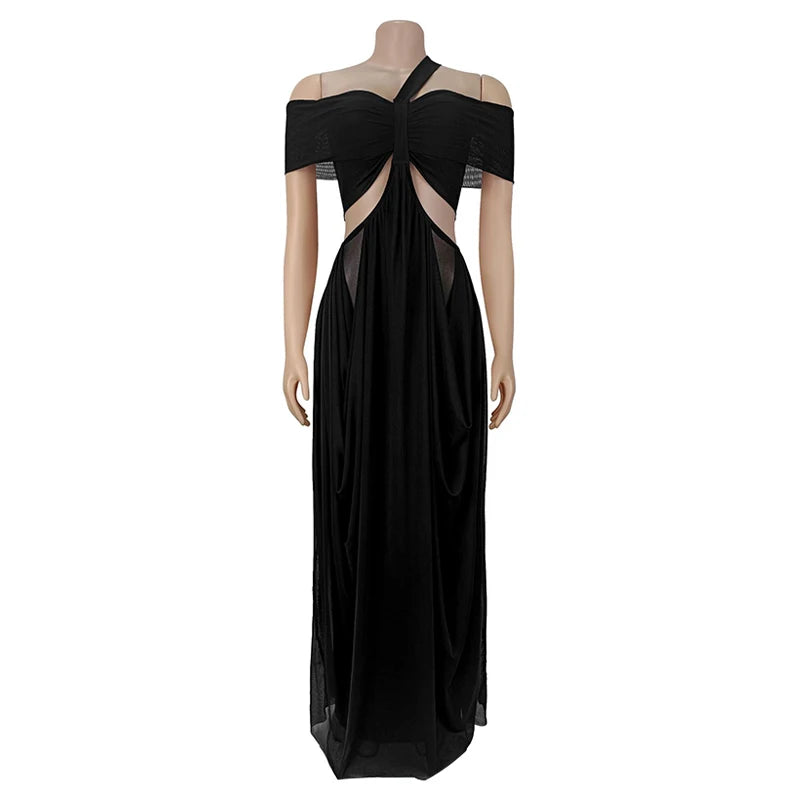 Sexy Beach Long Dress Women Hollow Out Backless Fold A Line Vestidos Female 2025 Summer Fashion Chic Solid High Waist Dresses