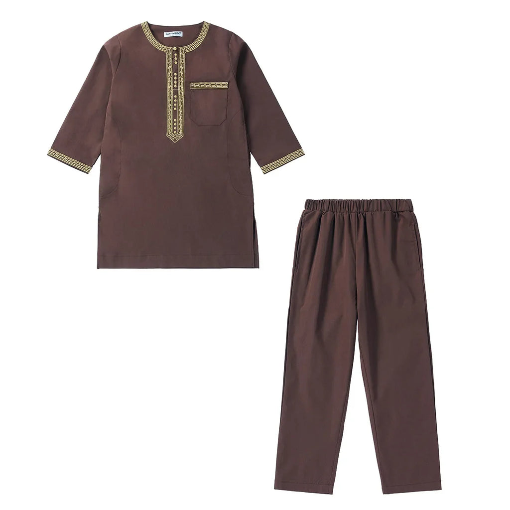 Muslim Children Robe 2 Pieces Set Kids Boy Round Neck Long Sleeve Printed Dress Shirt Abaya Kaftan Jubba Thobe Islamic Clothing