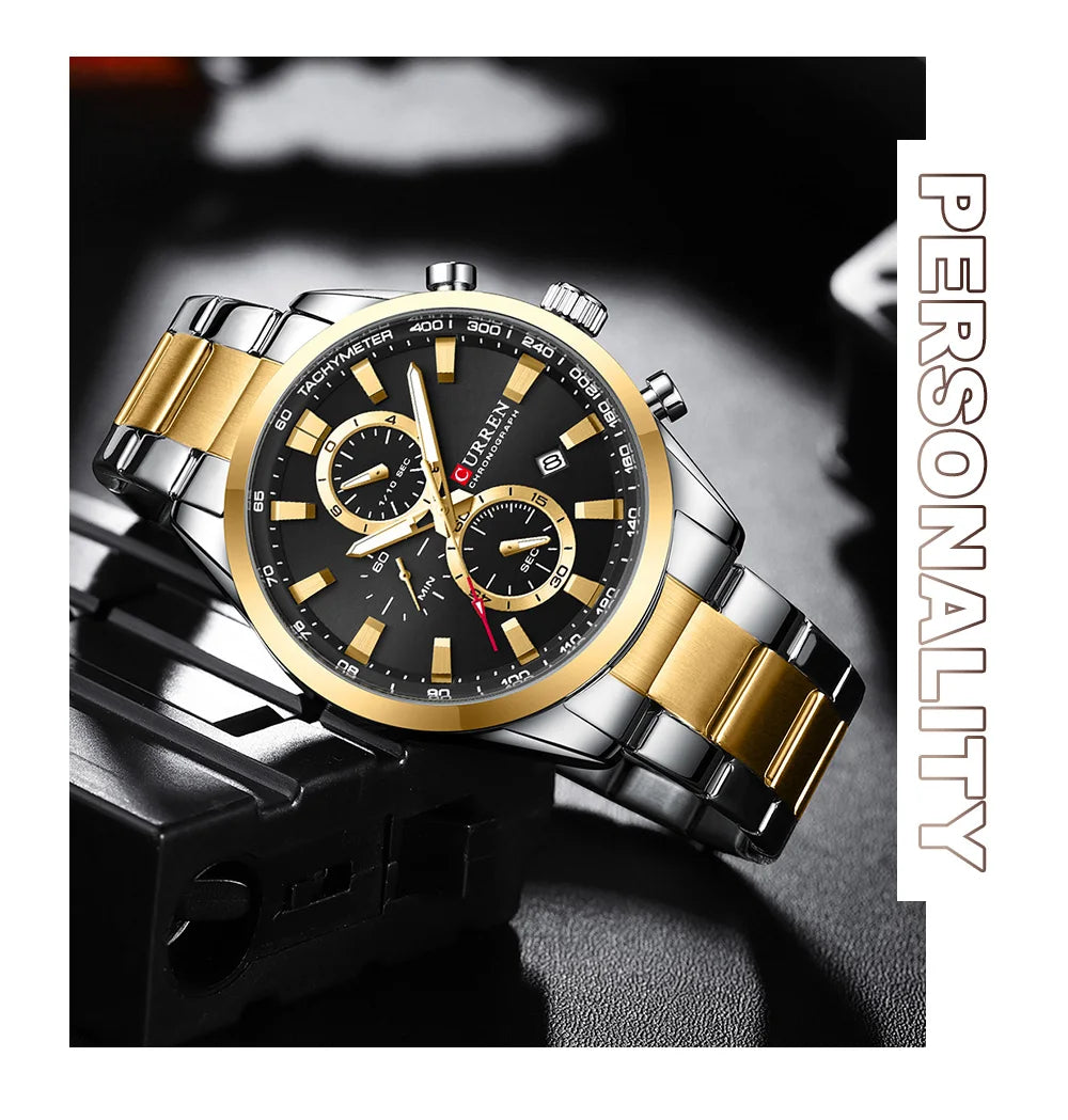 CURREN Casual Sporty Brand Stainless Steel Band Wristwatches for Men  Chronograph Quartz Watches with Date New 8445