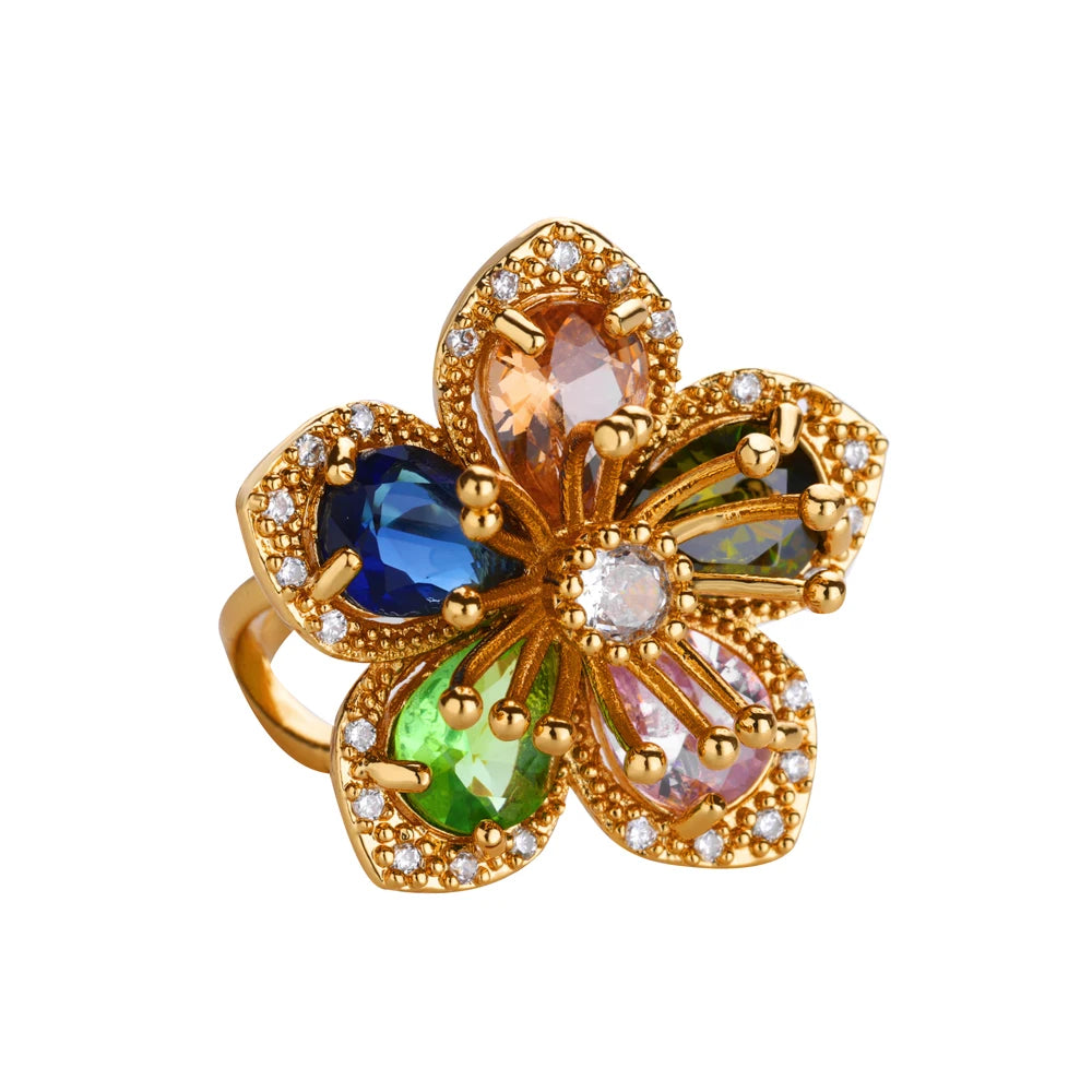 Colorful Zircon Flower Rings For Women Gold Color Stainless Steel Floral Ring Elegant Luxury Wedding Aesthetic Jewelry Gift