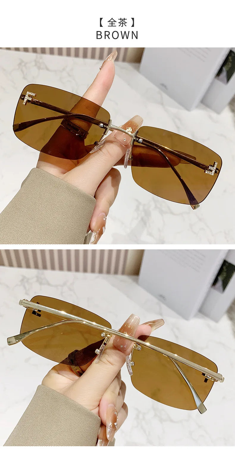 Ruiao rimless sunglasses UV400 fashion square metal glasses for women luxury brand designer diamond y2k small face sun glasses