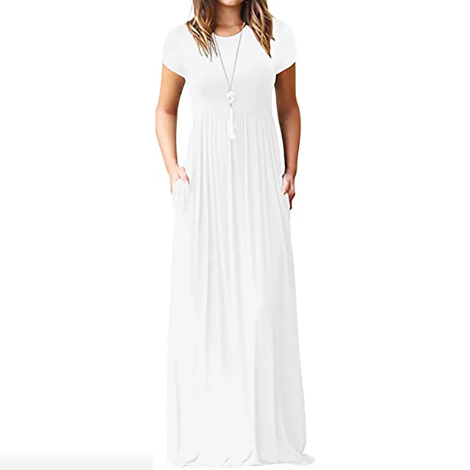 Women Summer Dress Casual Solid Color O Neck Loose Short Sleeve Pocket floor-length Long Woman Maxi Dresses Vestidos SLBZ352