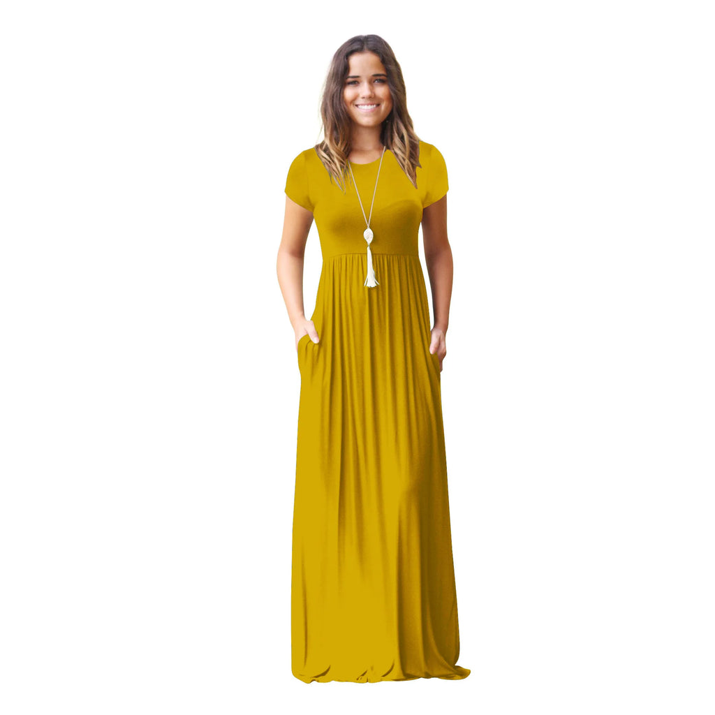 Women Summer Dress Casual Solid Color O Neck Loose Short Sleeve Pocket floor-length Long Woman Maxi Dresses Vestidos SLBZ352