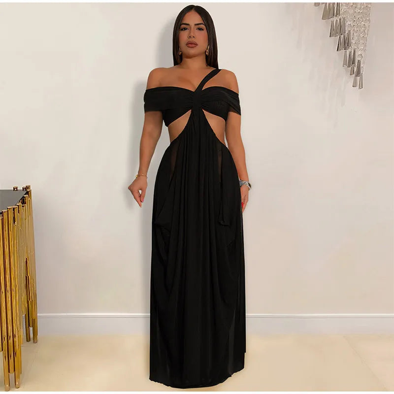 Sexy Beach Long Dress Women Hollow Out Backless Fold A Line Vestidos Female 2025 Summer Fashion Chic Solid High Waist Dresses