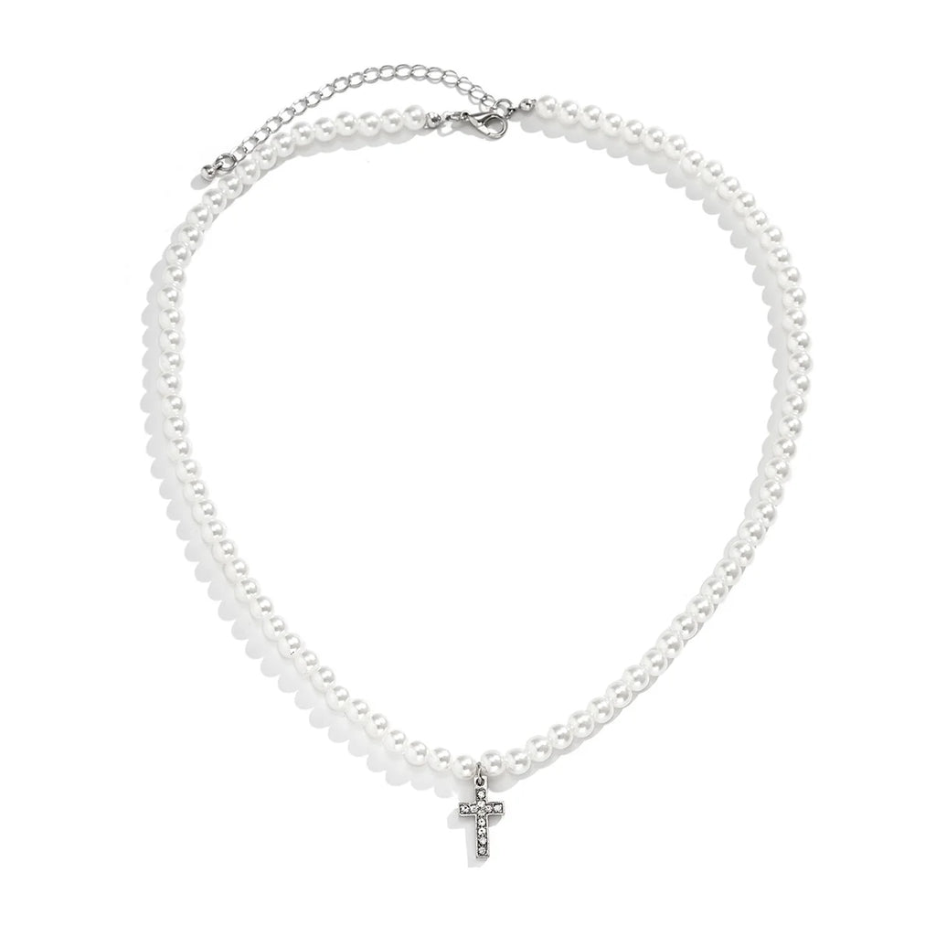Pearl Beads Chain with Shiny Rhinestone Cross Pendants Necklace Men Trendy White Beaded Choker on Neck 2022 Fashion Jewelry Male