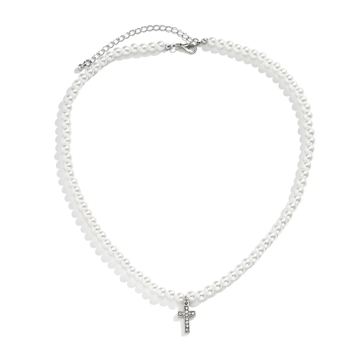 Pearl Beads Chain with Shiny Rhinestone Cross Pendants Necklace Men Trendy White Beaded Choker on Neck 2022 Fashion Jewelry Male