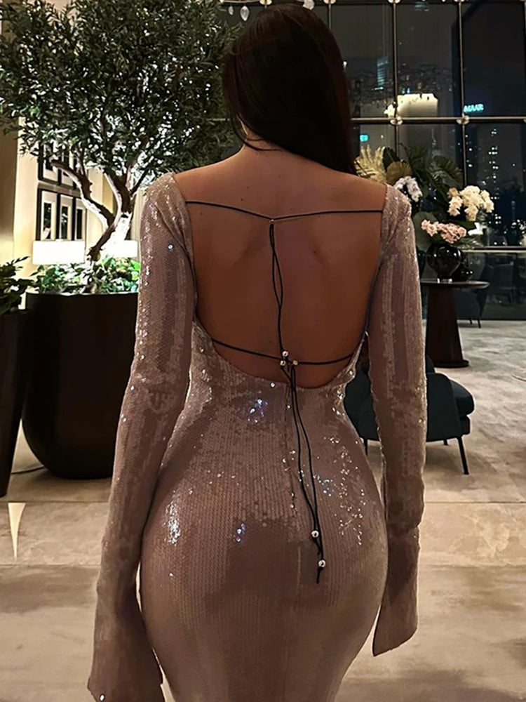 Sequin Lace Up Backless Long Dresses Deep V Flash Sparkling Sexy Long Sleeve Temperament Leakback Champagne Women Evening Dress