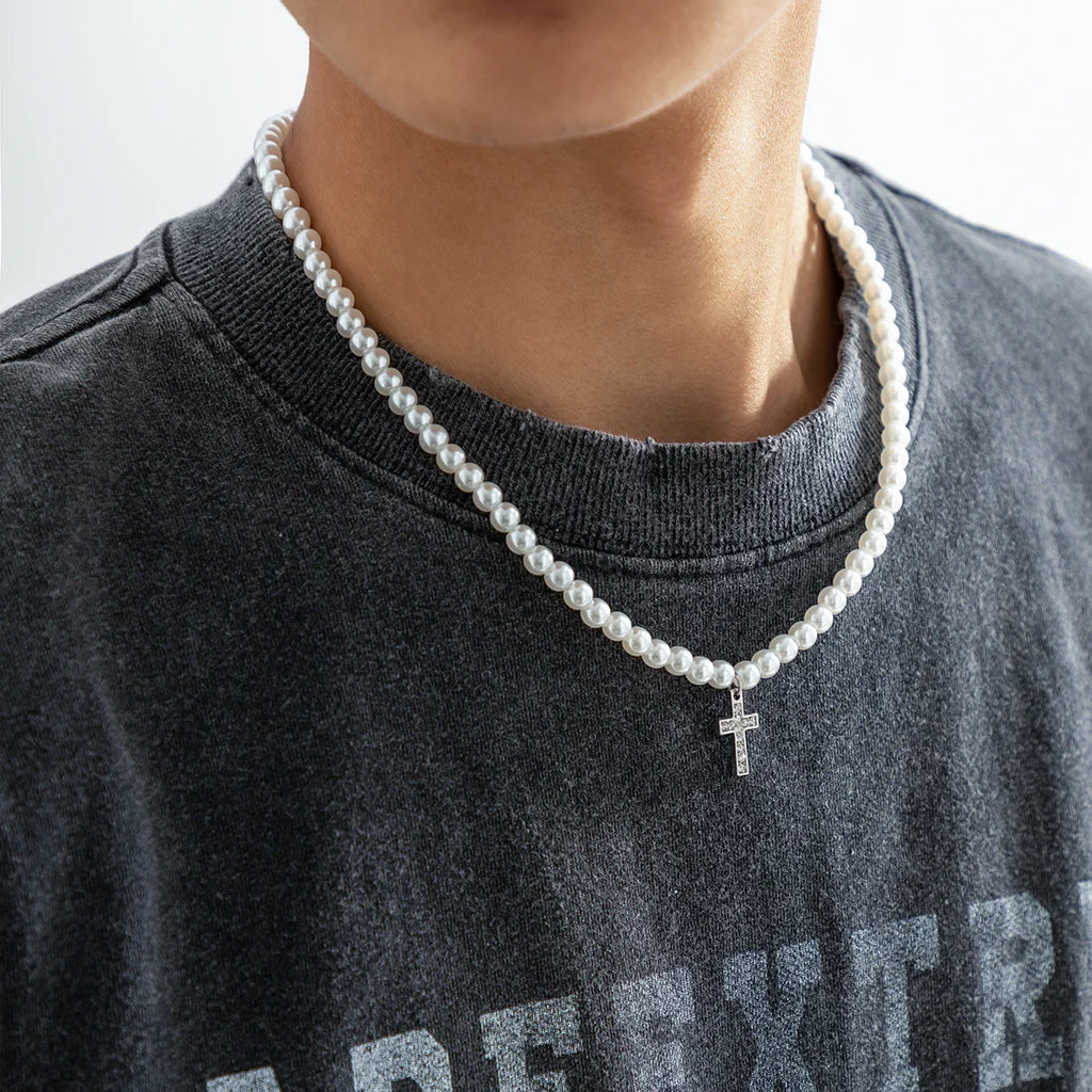 Pearl Beads Chain with Shiny Rhinestone Cross Pendants Necklace Men Trendy White Beaded Choker on Neck 2022 Fashion Jewelry Male