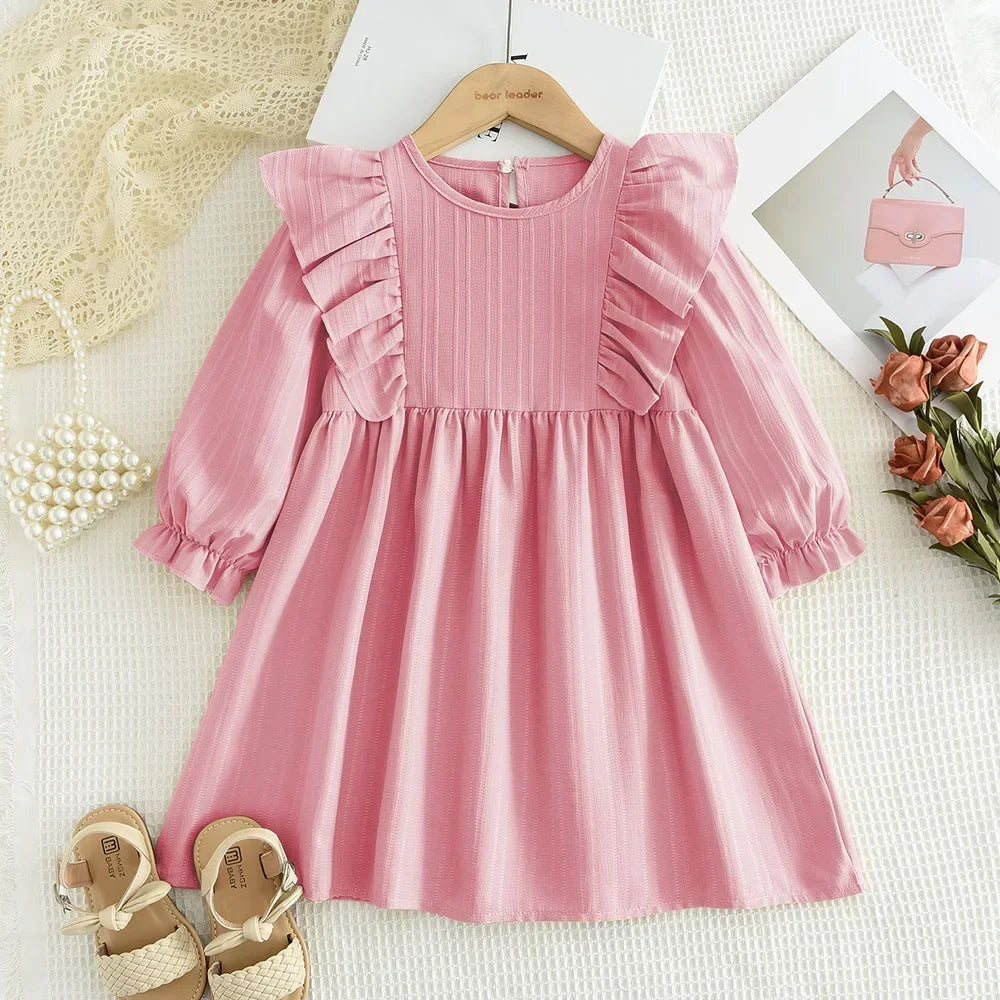 Autumn Kids Dresses for Girls Round Neck Long Sleeved Pleated Edge Solid Color Dress Kids Clothes Children's Daily Casual Wear
