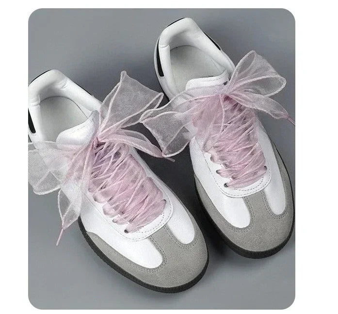 1Pair 80-140cm Fashion Organza Ribbon Sport Shoes Sneakers Bowknot Solid Flat Shoelaces Sport Casual Laces Women