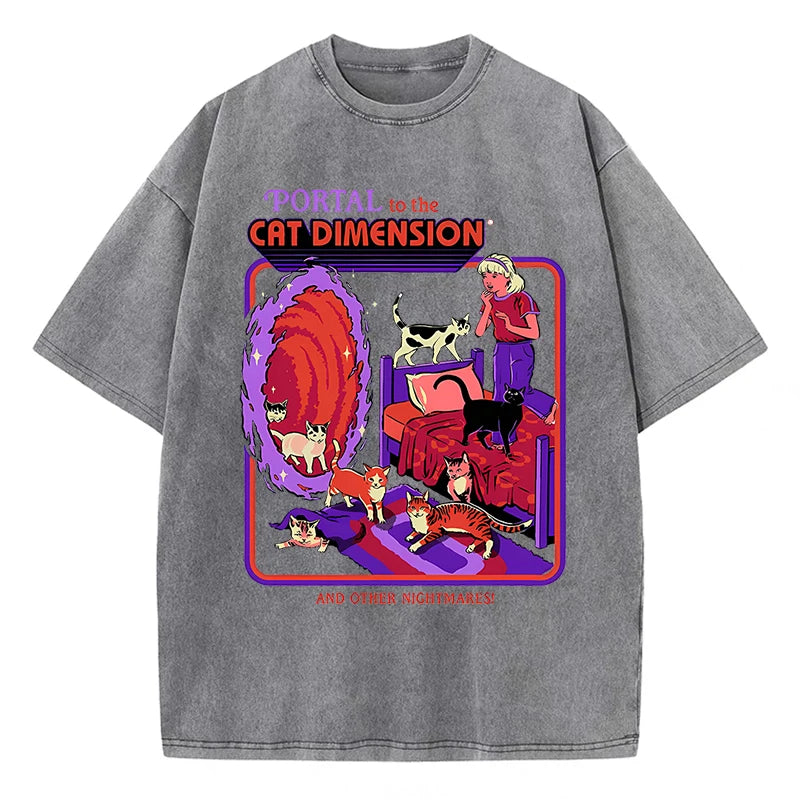 Portal To The Cat Dimension Washed Retro Men Clothes Fashion Summer T-Shirts Streetwear Cotton Loose Tops Breathable Tee Couple