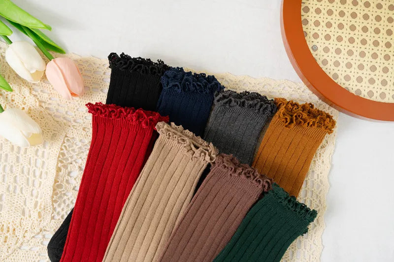 Ruffle Kids Knee High Socks Baby Girls Toddlers Long Soft Cotton Sock Lace Flower Children Princess Uniform Socks For 0-8Years