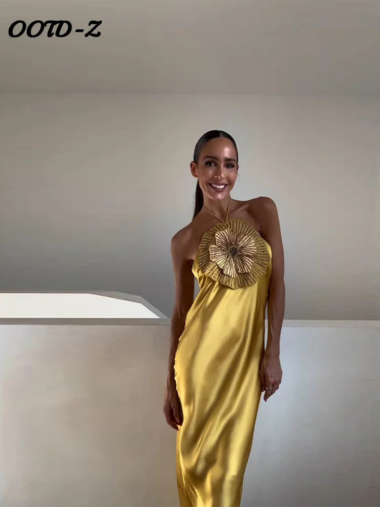 Elegant 3d Floral Dress Women Holiday Party Sexy Slim Fit Halter Neck Sleeveless Backless Evening Dresses 2025 Summer Lady Robes