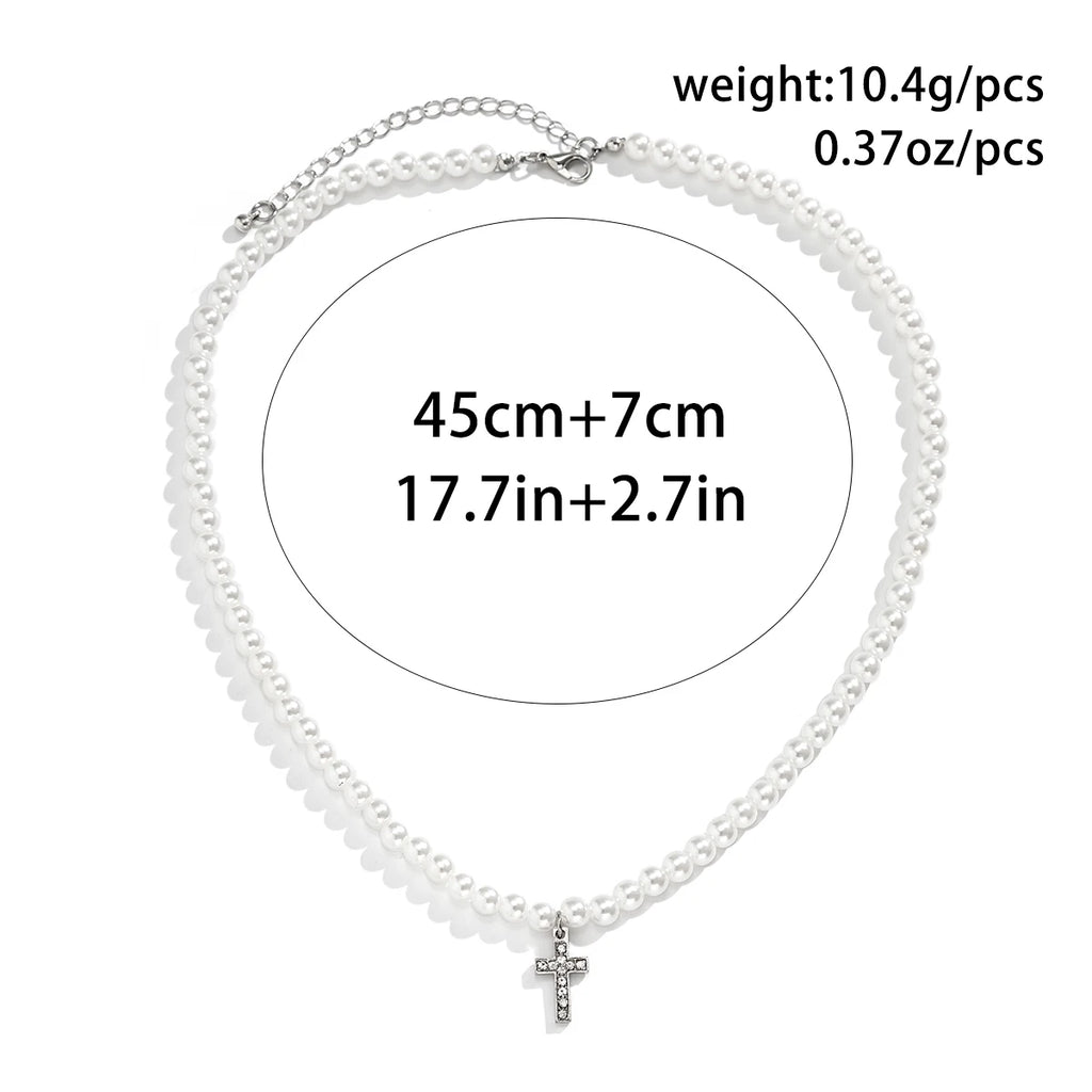 Pearl Beads Chain with Shiny Rhinestone Cross Pendants Necklace Men Trendy White Beaded Choker on Neck 2022 Fashion Jewelry Male