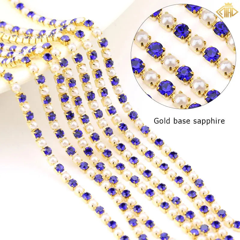 2Yards Pearl Rhinestones Copper Chain Silver/Gold Base Crystal Strass Gems Trim For DIY Sewing Clothes Dresses Accessories