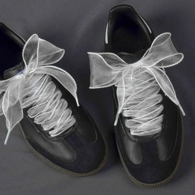 1Pair 80-140cm Fashion Organza Ribbon Sport Shoes Sneakers Bowknot Solid Flat Shoelaces Sport Casual Laces Women