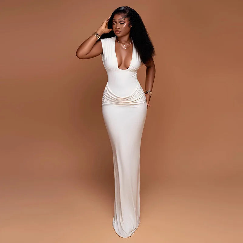 CHNMR Sexy Ruched Bodycon Maxi Dress Women Solid Sleeveless V-Neck Slim Long Dresses Female Party Evening Clubwaer Evening 2026