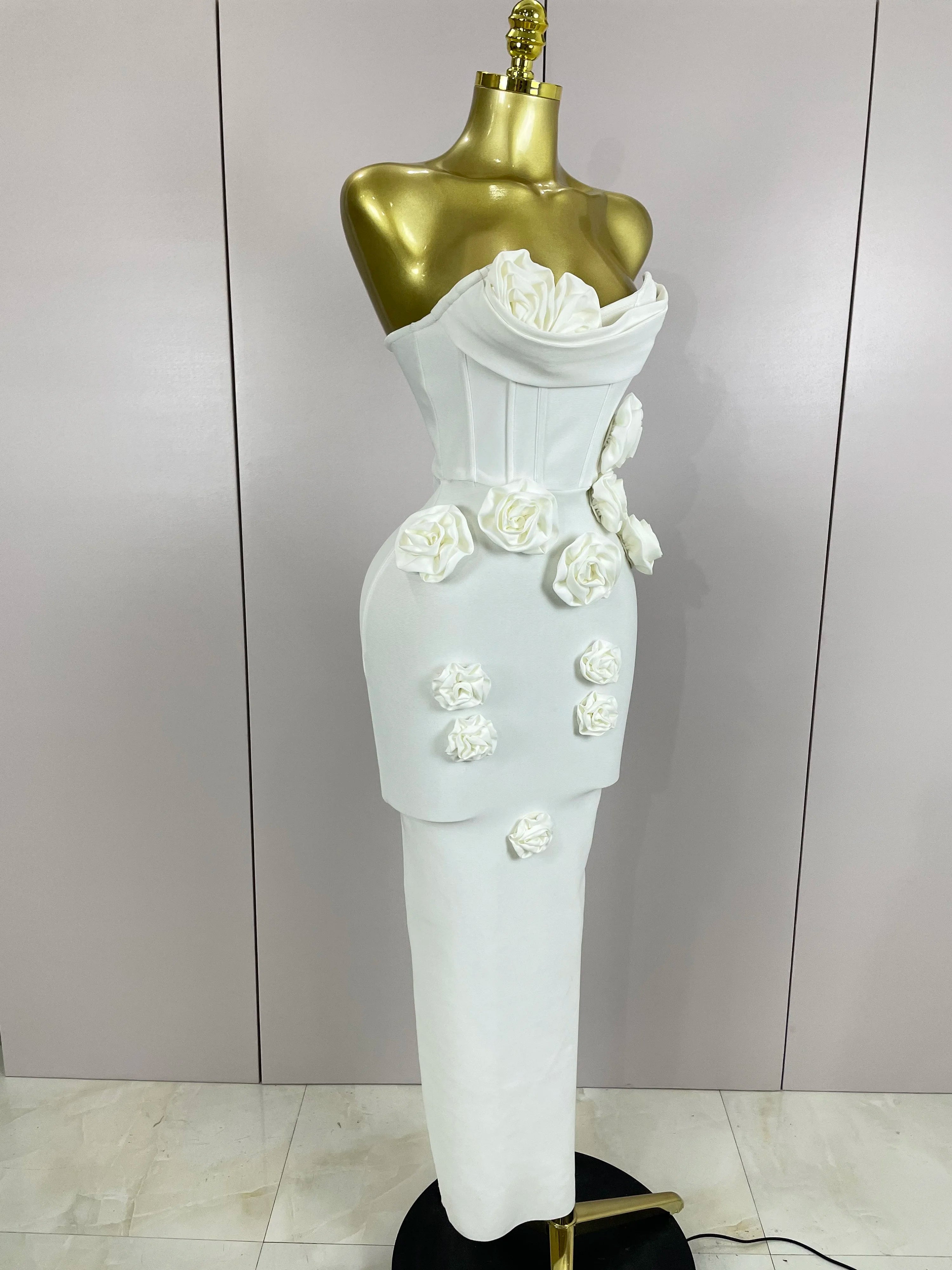 Sexy Fashion White Elegant Strapless Flower Bodycon Long Dress Women Casual Streetwear Club Birthday Party Slim Elegangt Dresses