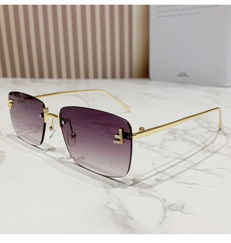 Ruiao rimless sunglasses UV400 fashion square metal glasses for women luxury brand designer diamond y2k small face sun glasses