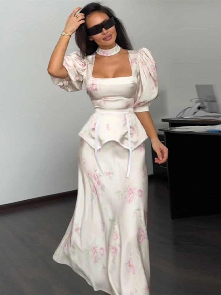 Women Dress Floral Print Satin Choker Neck Puff Sleeve Peplum Waist Maxi Dresses Elegant Vintage Beach Party Bodycon For Ladies