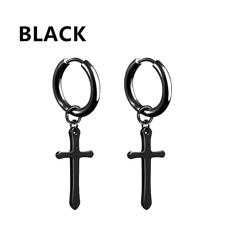 Black Punk Stainless Steel Women Men Hoop Earrings Small Trendy Round Cross Pendants Jewelry Accessories Earrings