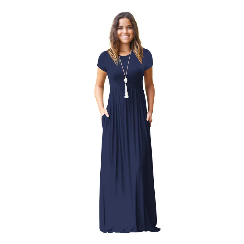 Women Summer Dress Casual Solid Color O Neck Loose Short Sleeve Pocket floor-length Long Woman Maxi Dresses Vestidos SLBZ352