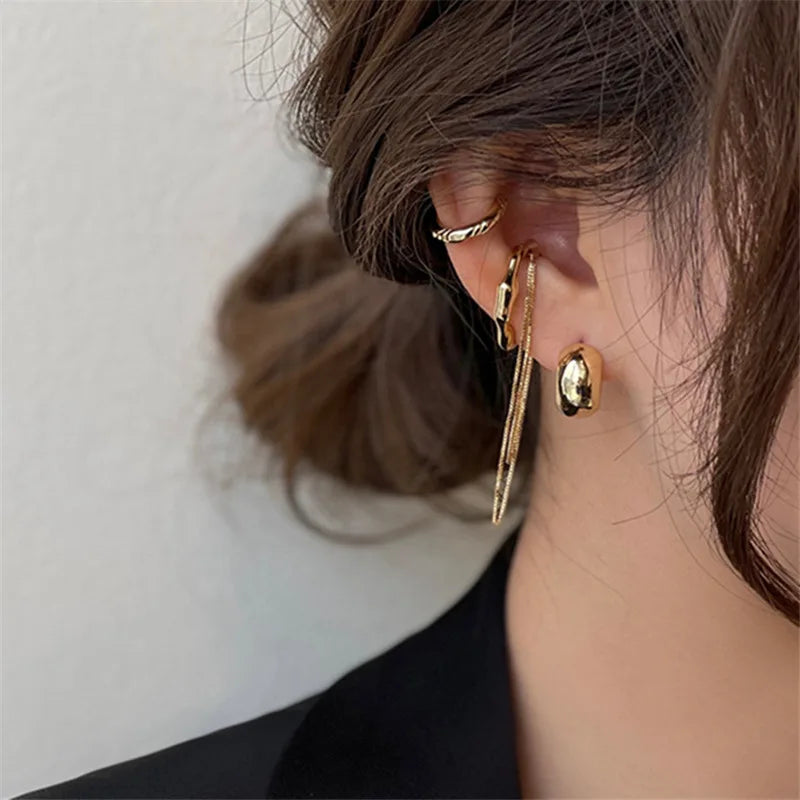 4PCS/SET New Design Gold Silver Color Metal Geometric Irregular Tassel Chain Clip Earrings for Women Non Pierced Ear Cuff 2023