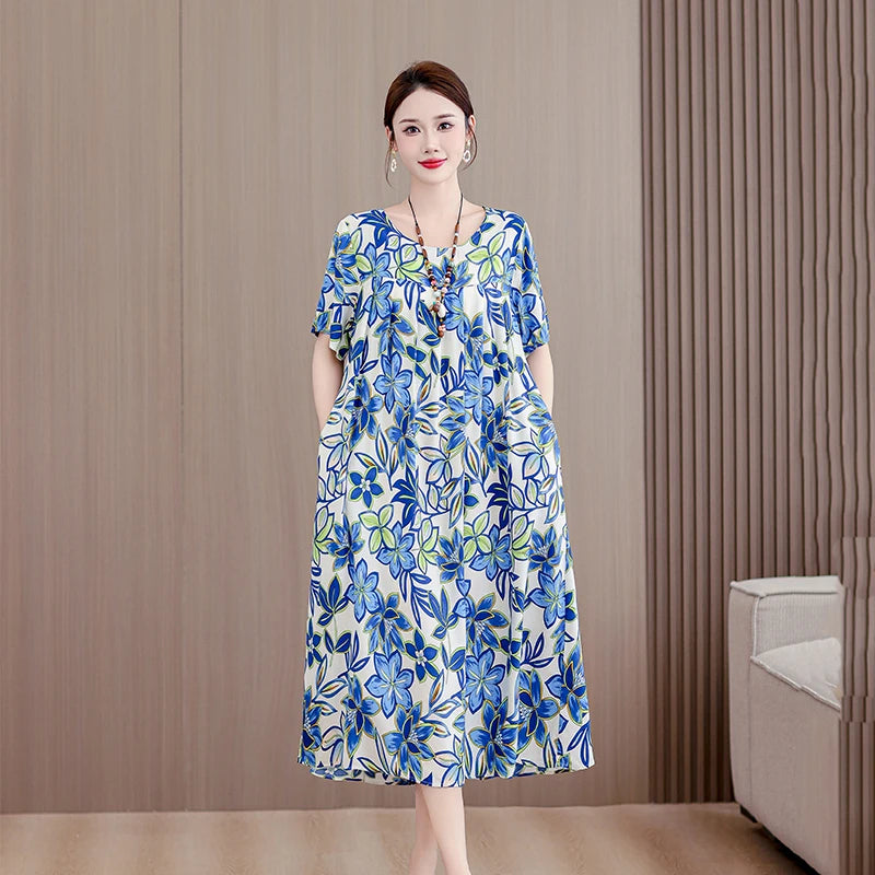 New Casual Fashion 2025 Summer Dress For Women Floral Printing Short Sleeve Elegant Vintage O-Neck Dresses Women Clothing