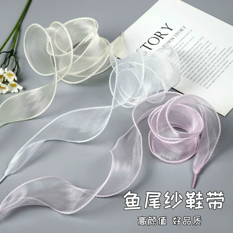 1Pair 80-140cm Fashion Organza Ribbon Sport Shoes Sneakers Bowknot Solid Flat Shoelaces Sport Casual Laces Women