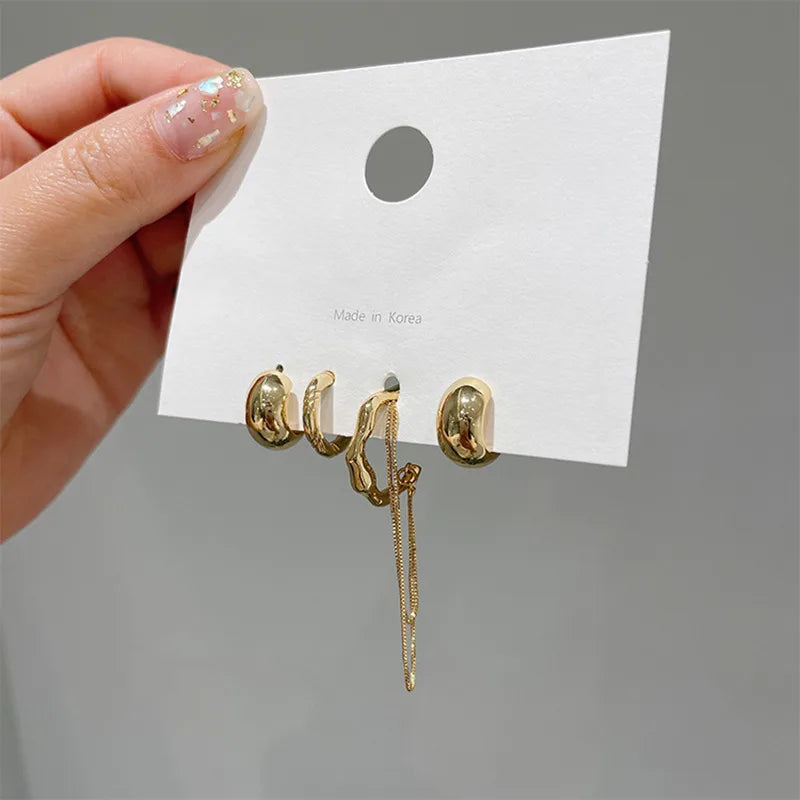 4PCS/SET New Design Gold Silver Color Metal Geometric Irregular Tassel Chain Clip Earrings for Women Non Pierced Ear Cuff 2023