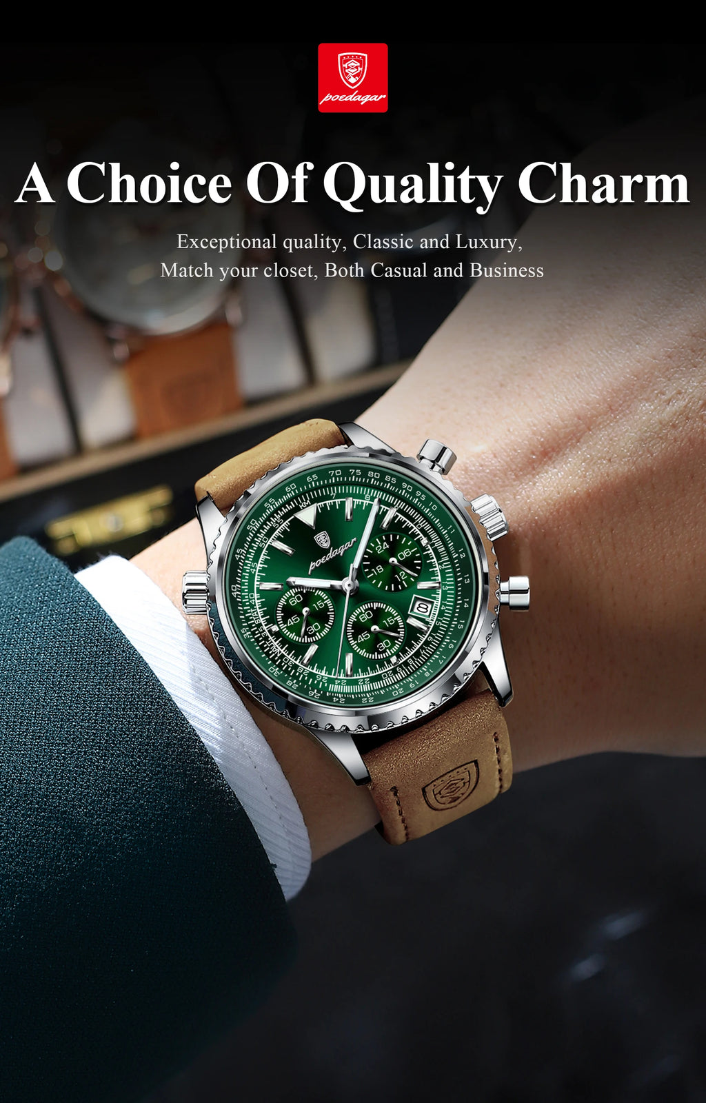 POEDAGAR Luxury Business Men's Watch Waterproof Luminous Date Chronograph Leather Man Clock Fashion Quartz Watches For Men Reloj