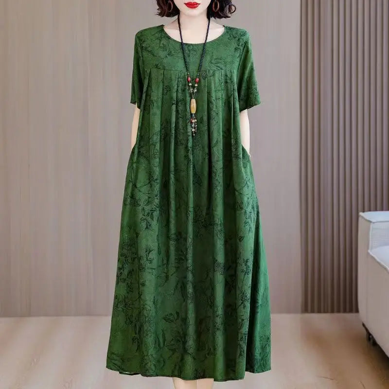 New Casual Fashion 2025 Summer Dress For Women Floral Printing Short Sleeve Elegant Vintage O-Neck Dresses Women Clothing