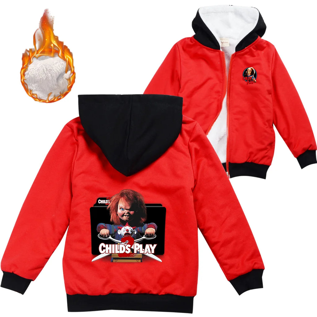 Child's Play Chucky Warm Winter Jacket For Boys Girls with Zipper Children Coat Thicken Hooded Sweater Kids Outerwear